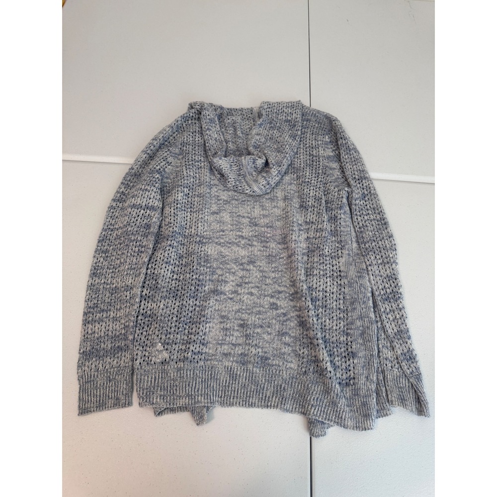 Sigrid Olsen Blue White Linen Blend Pointelle Knit Hooded Open Cardigan XL ff - Picture 4 of 6